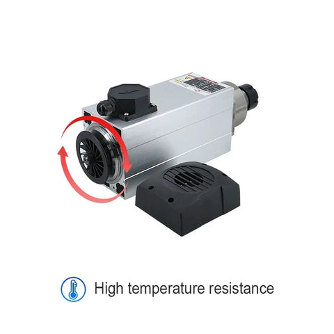 Badass 6KW Spindle Motor Kit Paired With 7.5KW VFD Inverter For CNC Router Jobs, display of air cooled rig and temperature resistance feature.