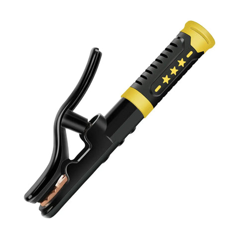Heavy Duty Copper Welding Clamp For 800 To 1000 Amp Stick Welders High Heat Burn Shield Ground Electrode Holder Super Cool Grip Tool close-up with grip handle