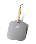 Aluminum pizza peel with wooden handle, gray 12x14 in paddle, Chicago Brick Oven logo.