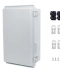 Outdoor Grade IP67 Waterproof Junction Box, Tough As Nails ABS Plastic Electrical Enclosure With Stainless Steel Latch And Hinged Cover, Includes Mounting Plate, Wall Brackets And Cable Glands, 260x160x100mm, front view with accessories