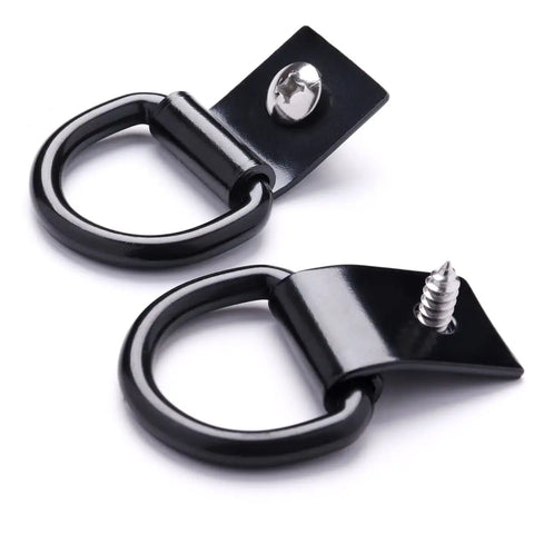 Rock Solid D Ring Tie Down Anchors Quarter Inch Heavy Duty Steel Load Holders Surface Mount Kit with Screws showing black steel rings.