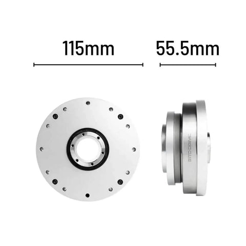 Front and side view of SHF-25-II Strain Wave Gear Reducer with Harmonic Drive Zero Backlash, lightweight and compact design, 115mm diameter.