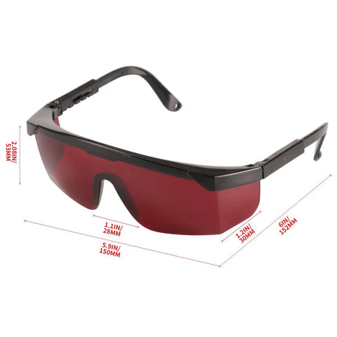 Top Shelf Red Laser Safety Glasses With Slick Visibility Boost And Flexible Adjustable Frames To Beat Eye Fatigue On Busy Job Sites Plus Comes With A Nifty Hard Shell Case, shown from side with measurements.