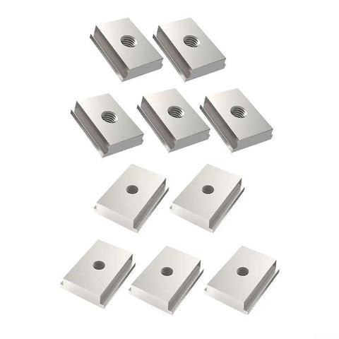 Beefy Five Piece Aluminum Alloy T Track Nuts M6 M8 Set For T Slot Woodworking arranged on a white background