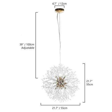 LED Firework Sputnik Chandeliers With 12 Lights Modern Crystal Ceiling Pendant in gold, 21.6in diameter, adjustable cord, dimensions shown