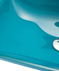 Close-up view of the Dope Premium Cyan Rectangular Glass Bathroom Vessel Sink Countertop Vanity Basin featuring shiny drain.