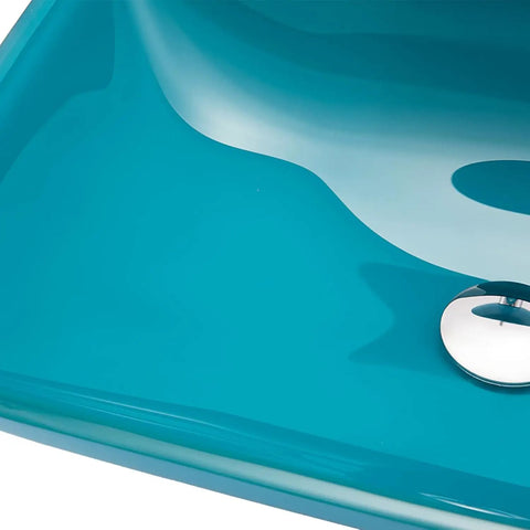 Close-up view of the Dope Premium Cyan Rectangular Glass Bathroom Vessel Sink Countertop Vanity Basin featuring shiny drain.