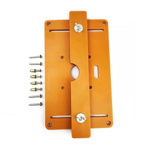 Heavy Duty Electric Wood Slotting And Chamfering Machine Inside Roll Away Case For Crisp Corner Bevels showing an orange base plate with screws.