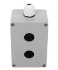 Aluminum Emergency Stop Button Control Box With Two Holes Cast Metal Push Button Switch Station Industrial Electronic Switch Enclosure For Safety Applications Heavy Duty Control Box For Machinery, gray front view