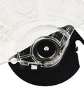 Close-up of see-through blade guard replacement for LS1040 miter saw, clear plastic and metal safety cover for aluminum cutting, 28 cm.