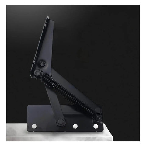 Rock Solid Heavy Duty Steel Spring Hinges For Cabinets And Sofas, 80 Degree Folding, Smooth Lifting Action, Set Of 2 For Built To Last, Secure Furniture Installations black steel spring hinge shown open on cabinet mount