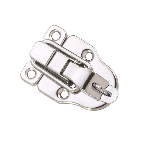 Close-up of 10 Pack Metal Duckbill Box Hasp Toggle Latch With Padlock Hole, silver finish for wooden boxes, durable iron build, DIY friendly.