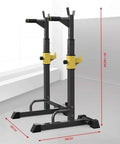 Adjustable Dip Stand And Squat Rack For Home Gym, All In One Strength Training Station, black steel frame, dimensions 88cm x 58cm.