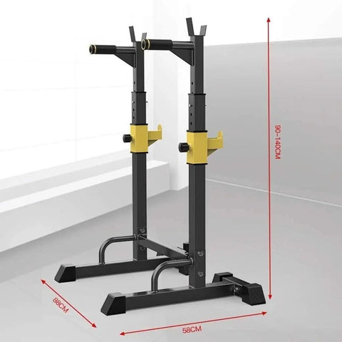 Adjustable Dip Stand And Squat Rack For Home Gym, All In One Strength Training Station, black steel frame, dimensions 88cm x 58cm.