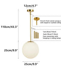 Globe Pendant Light With Matte White Milk Glass And Brass Finish, adjustable size and swivel canopy dimensions in diagram