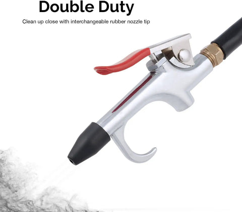 Close-up of Long Reach Pneumatic Air Blow Gun With 24 Inch Angled Aluminum Nozzle Pistol Grip Trigger Quarter Inch NPT Inlet Rubber Tip