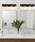 Two Three Light Matte Black Vanity Light Fixtures For Over Mirror In Bathroom with Clear Glass Shades, modern bathroom setup