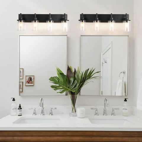 Two Three Light Matte Black Vanity Light Fixtures For Over Mirror In Bathroom with Clear Glass Shades, modern bathroom setup
