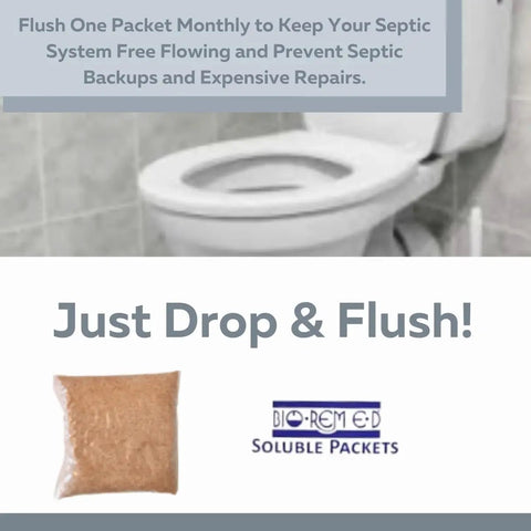 Heavy Duty Septic Tank Treatment With Flushable Live Bacteria Packets For Preventing Backups, Dissolvable Sewer And Drain Line Solution, 12 Pack, 1 Year Supply, packet and toilet