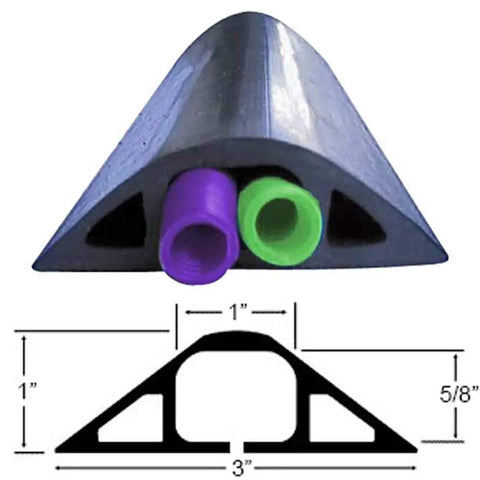 Gray Slit Channel Cord Protector One Inch By Five Eighth Inch Wire Duct Cover cross-section showing cable layout