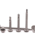 50 Pack 12 X 1 Inch Pan Head Self Drilling Screws For Metal Heavy Duty Phillips Drive Tek Screws 410 Stainless Steel Full Thread Self Tapping Fasteners displayed in various sizes.