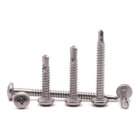 50 Pack 12 X 1 Inch Pan Head Self Drilling Screws For Metal Heavy Duty Phillips Drive Tek Screws 410 Stainless Steel Full Thread Self Tapping Fasteners displayed in various sizes.
