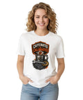 Cool Classic Fit Cotton Tee Featuring A Wrench, Gear, And Blueprint Design Perfect For Garage Mechanics Coffee Lovers And DIY Guys Who Fix Everything, worn by a woman.