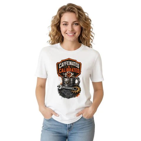 Cool Classic Fit Cotton Tee Featuring A Wrench, Gear, And Blueprint Design Perfect For Garage Mechanics Coffee Lovers And DIY Guys Who Fix Everything, worn by a woman.