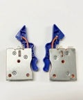 Slick Plastic Undermount Drawer Slide Front Locking Clip Pair with metal base and blue plastic for smooth, quiet gliding.
