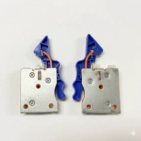 Slick Plastic Undermount Drawer Slide Front Locking Clip Pair with metal base and blue plastic for smooth, quiet gliding.