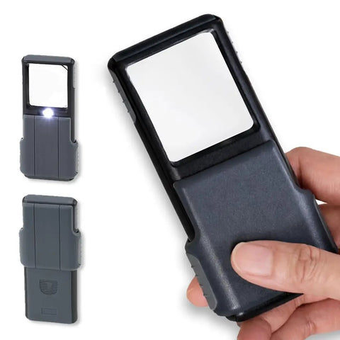 MiniBrite 5X LED Lighted Slide Out Aspheric Magnifier With Protective Sleeve Ultra Portable Pocket Sized Reading Aid For Fine Print On The Go Illuminated Lens For Close Up Details In Gray PO 55