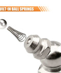 Close-up of a ball spring and fitting from the 60 Piece Metric Grease Fittings Kit With M6 M8 M10 Zerk Adapters 45 Degree And 90 Degree