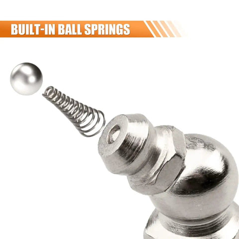 Close-up of a ball spring and fitting from the 60 Piece Metric Grease Fittings Kit With M6 M8 M10 Zerk Adapters 45 Degree And 90 Degree