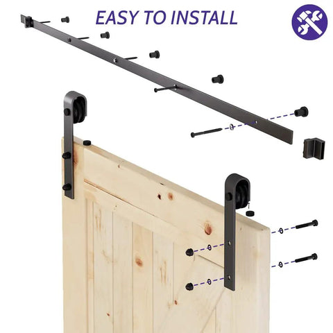 6 Ft Sliding Barn Door Hardware Kit With Black Track, 1 Quarter Inch Carbon Steel Rails, 265 Lb Load Capacity, J Shape Wheel System