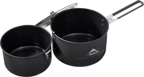 Lightweight Aluminum Two Pot Camping Cook Set With Premium Ceramic Nonstick Coating shown with two scratch-resistant pots.