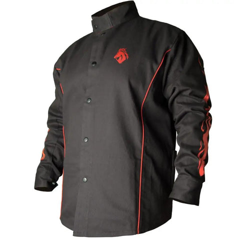 Black Flame Accent Welding Jacket 9 Oz Flame Resistant Cotton XL with Red Flames Trim Welder Collar Extended Length Dual Inside And Scribe Pockets Adjustable Cuffs And Waist Straps