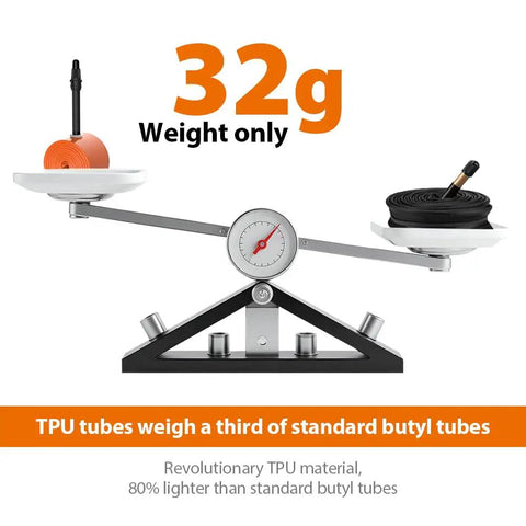 Featherweight TPU Inner Tube For Road And Gravel Bikes 700c 18 To 32 With 45mm And 65mm Presta Valves 32g on scale