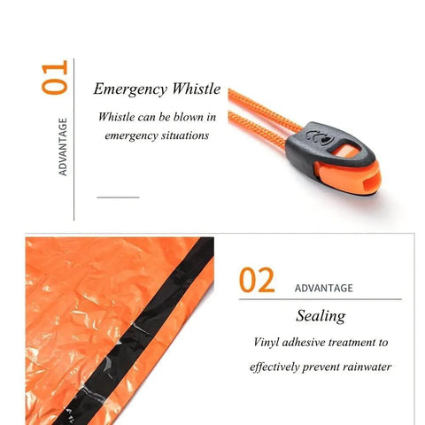 Emergency Sleeping Bag Portable Thermal Bivy Sack Waterproof Lightweight Survival Gear with whistle and sealing features