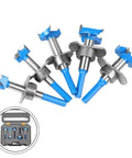 Floweringbeter carbide hinge-boring bit set with blue handles and carrying case; six bits for laminate, plywood, hardwoods, softwoods
