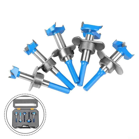 Floweringbeter carbide hinge-boring bit set with blue handles and carrying case; six bits for laminate, plywood, hardwoods, softwoods
