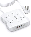 White Ultra Fast PD20W USB C Power Strip With Surge Protection, 4 AC Outlets, 2 USB A Ports, 2 USB C Ports, flat plug, long cord visible