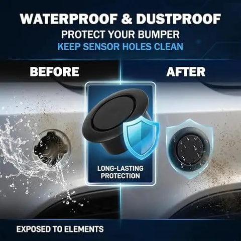 Four Pack Radar Sensor Plug Caps For Chevrolet Volt Bolt And Blazer EV Shuts Out Dirt And Mud Straight Snap Install showing before and after