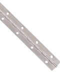Solid As A Rock Stainless Steel 304 Continuous Hinge With Precision Drilled Holes Bright Annealed Finish Five Foot By One And A Half Inch Heavy Duty Appliance Hardware, close-up view with drilled holes.