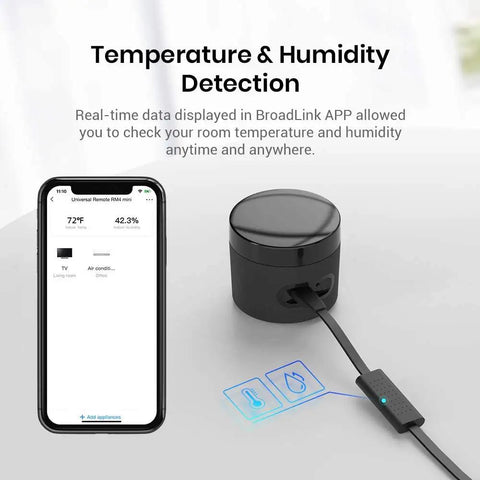 Smart IR Hub With Sensor Cable, WiFi Infrared Blaster for TV, AC, projector next to smartphone displaying temperature and humidity