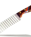 Crinkle-cut knife with wooden handle and ribbed blade, side view