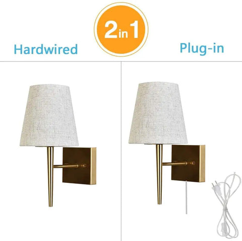 Mid Century Modern Plug In Wall Sconce Set With Beige Fabric Shade Antique Gold Finish 1 Light Indoor Wall Lamp For Hallway Bathroom Vanity Reading Nook Easy Install Pair