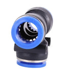 Close-up of Push To Connect Pneumatic Fittings Kit 3 Way Tee Union for air systems, showing quick connect mechanism.