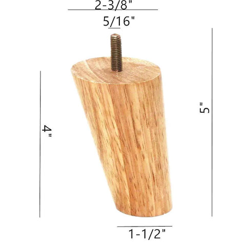Four Inch Solid Rubber Wood Replacement Furniture Legs Set For Sofa Couch Chair Ottoman Loveseat Coffee Table Cabinet Built Tough Sturdy Slant Design Set Of Four shown at angle with measurements