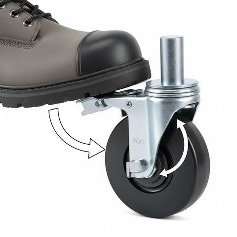 Heavy Duty 5 Inch Scaffolding Caster Wheels 4 Pack shown with steel stem under boot, demonstrating mobility and locking feature.