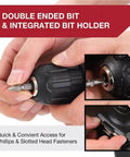 Close-up of Straight Up No Sweat Cordless Drill With Variable Speed Lithium Ion Battery And Charger Set showing double ended bit and integrated bit holder.